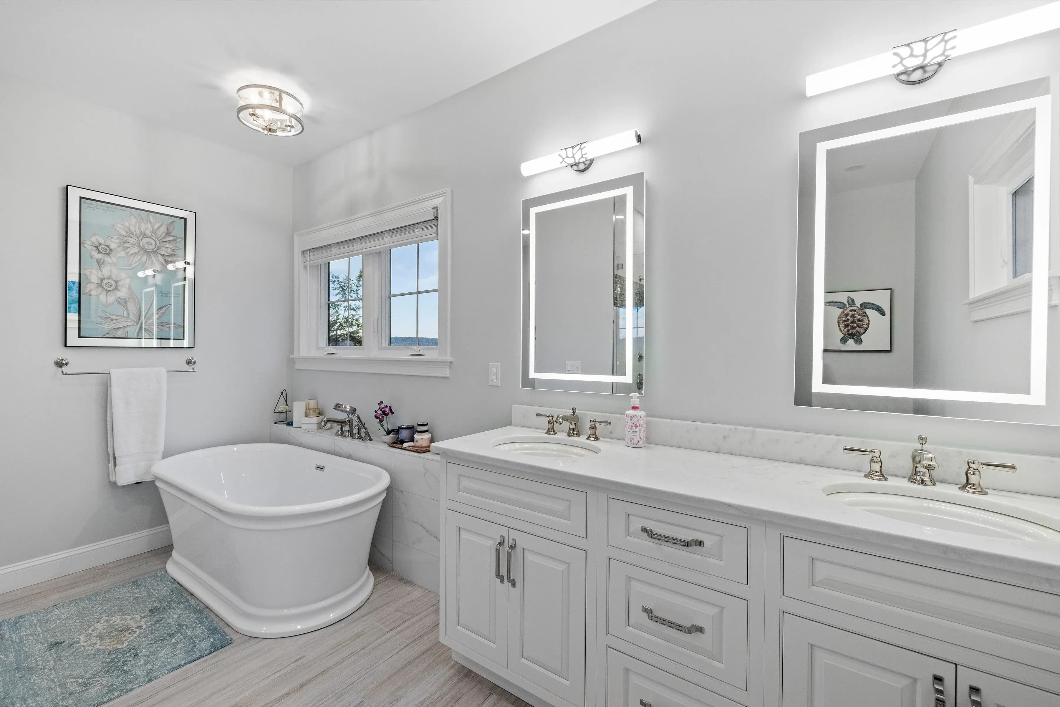 Newly remodeled San Diego master bathroom with frameless glass walk in shower and dual vanity