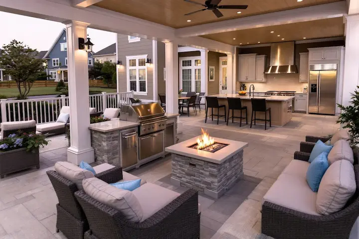Covered outdoor living area with fire pit, beige patio seating, and built-in blue outdoor kitchen