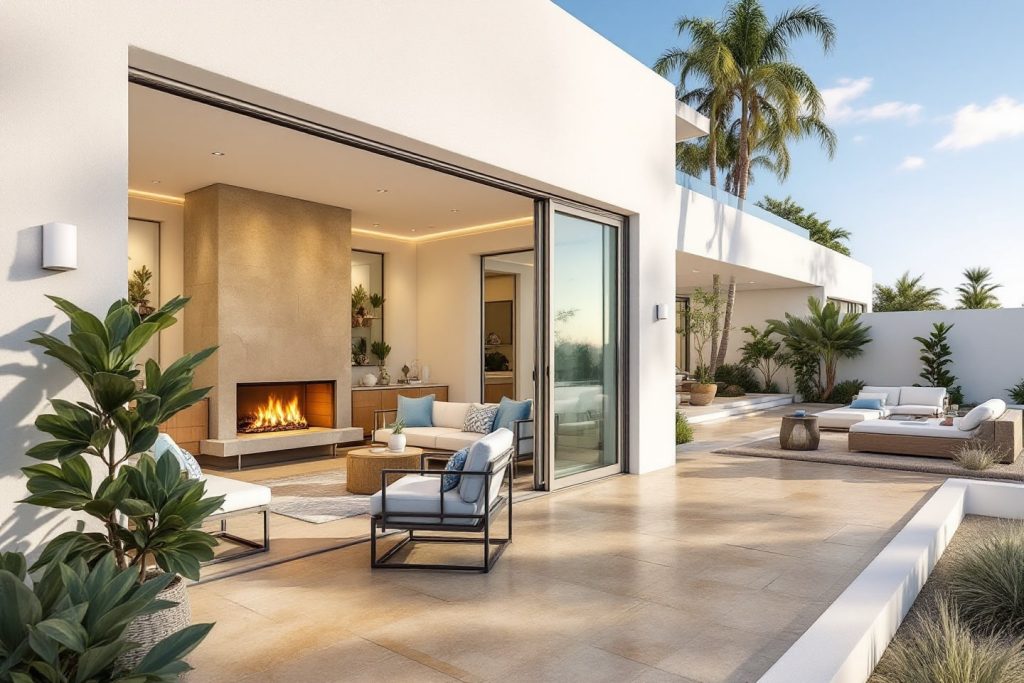 luxury California home addition featuring open-concept outdoor lounge and tropical landscaping