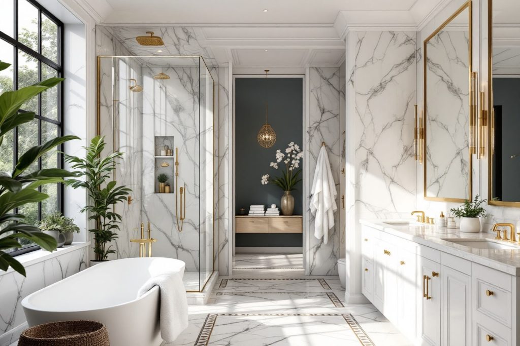 Luxury bathroom remodel with freestanding tub walk-in glass shower gold fixtures marble walls double vanity and modern lighting