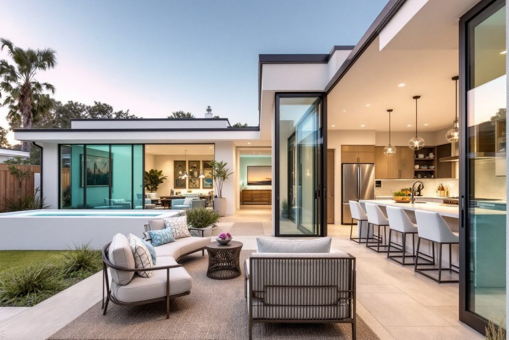 Whole home renovation featuring open concept kitchen modern outdoor living space sliding glass doors updated interiors and seamless indoor outdoor flow