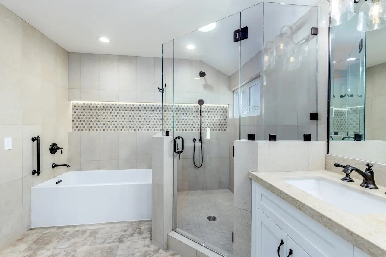 Rancho Peñasquitos master bath remodel with glass shower built in tub and neutral tile