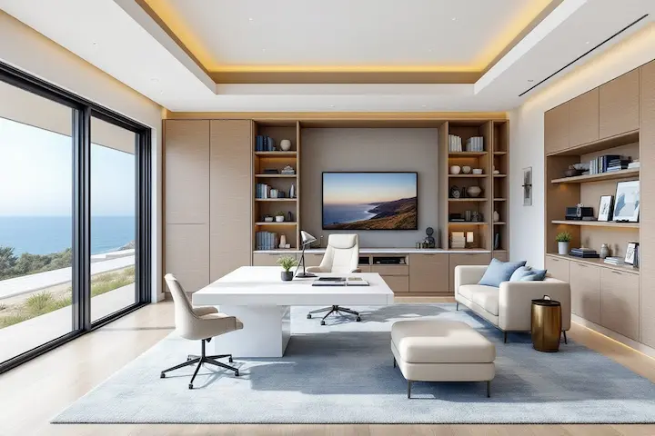 modern home office with built in shelves large windows and ocean view
