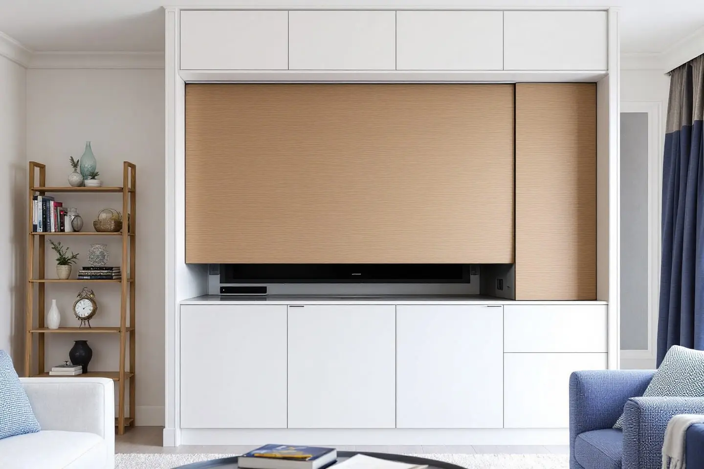 Technology-integrated home remodeling with custom media cabinet featuring hidden TV
