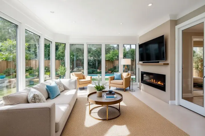 Modern sunroom design and installation in San Diego with large glass windows built in fireplace