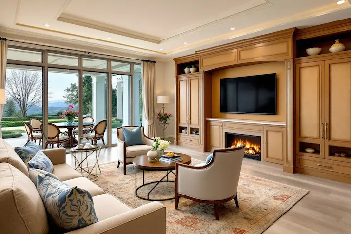 very old-money luxury vibe with wood and beige accents. Traitional fireplace